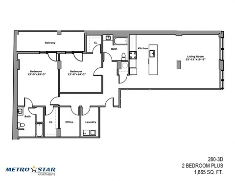 Floor plan for 2 beds, 2 baths, 1865 sqft
